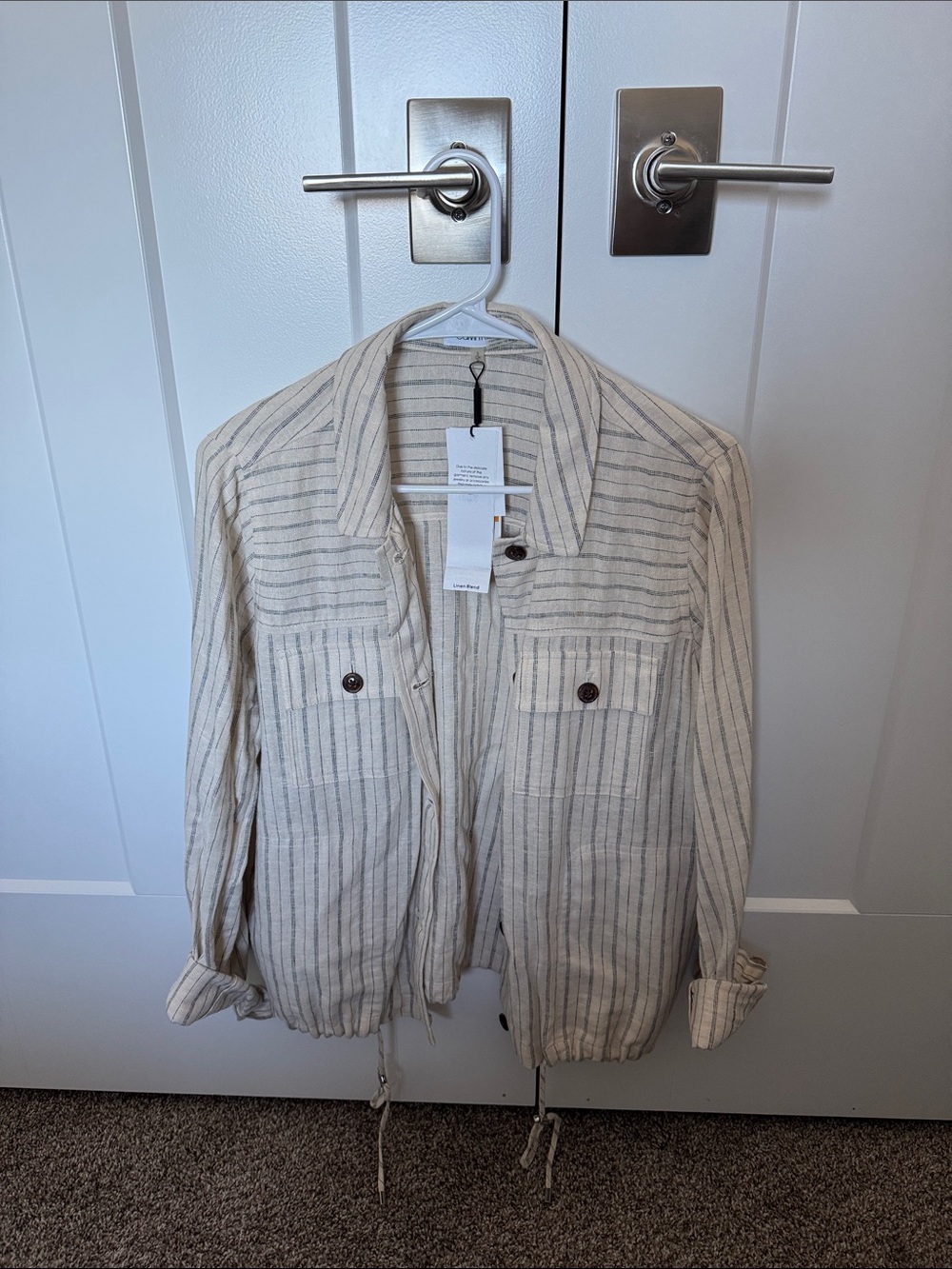 Calvin Klein Cream Striped Linen-Blend top NWT